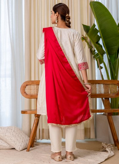 
                            Silk Blend Embroidered Salwar Suit in Off White
