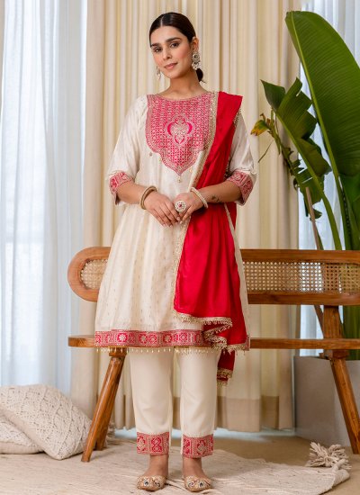Silk Blend Embroidered Salwar Suit in Off White