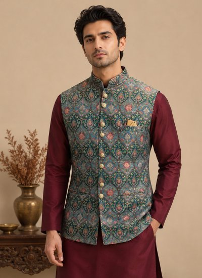 
                            Silk Buttons Kurta Payjama With Jacket in Maroon and Multi Colour