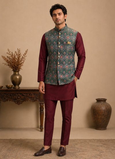 Silk Buttons Kurta Payjama With Jacket in Maroon and Multi Colour