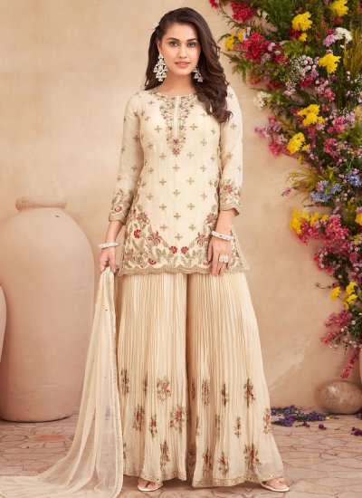 Silk Cream Embroidered Palazzo Salwar Kameez
