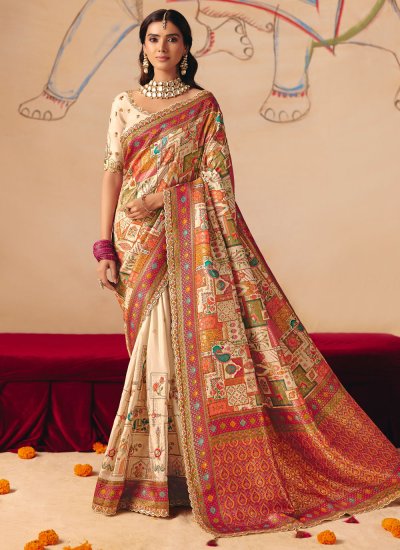Silk Cream Thread Work Classic Saree