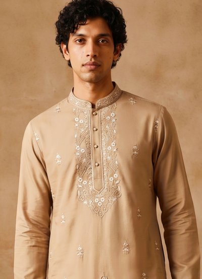 
                            Silk Embroidered Beige Kurta Pyjama
