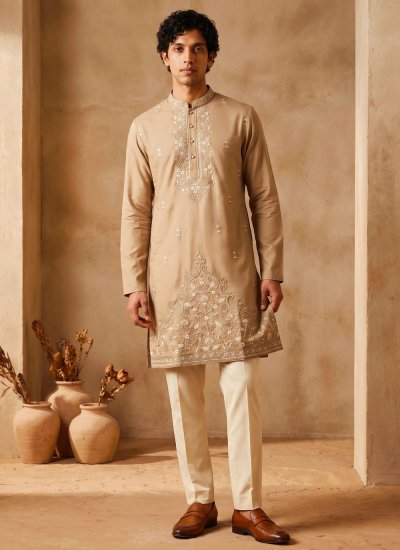 Silk Embroidered Beige Kurta Pyjama
