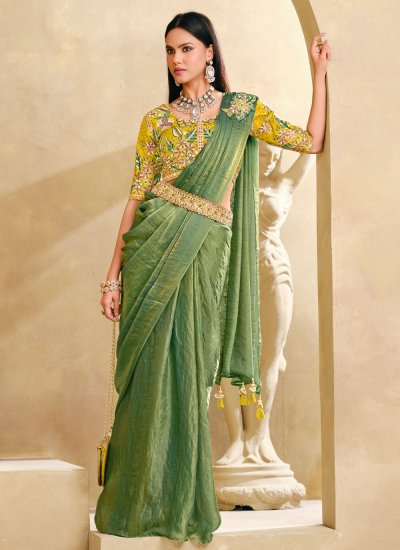 Silk Embroidered Classic Saree in Green Colour