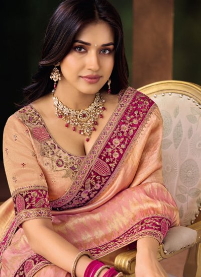 
                            Silk Embroidered Classic Saree in Peach and Pink