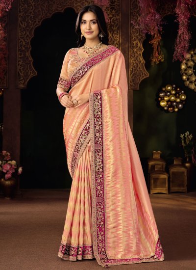 Silk Embroidered Classic Saree in Peach and Pink