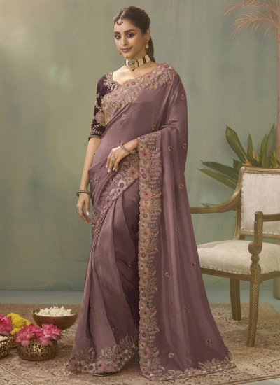 Silk Embroidered Contemporary Saree in Violet Colour