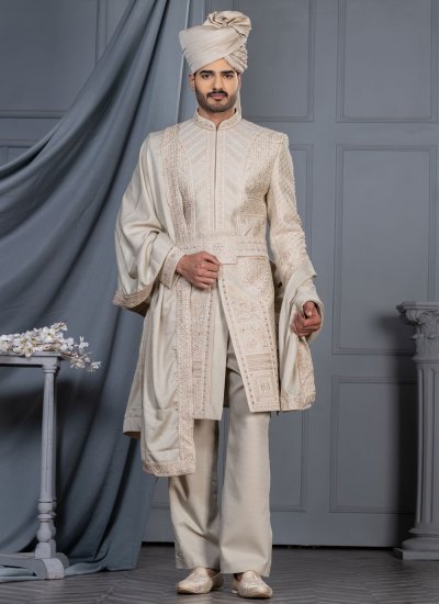 Silk Embroidered Cream Sherwani