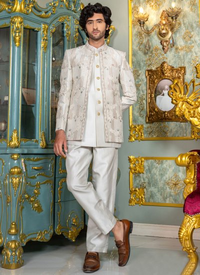 Silk Embroidered Off White Jodhpuri Suit