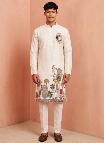 Silk Embroidered Off White Kurta Pyjama