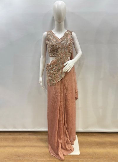 
                            Silk Embroidered Peach Saree