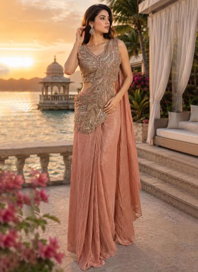 Silk Embroidered Peach Saree