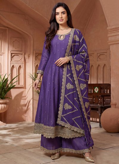 Silk Embroidered Purple Palazzo Salwar Suit