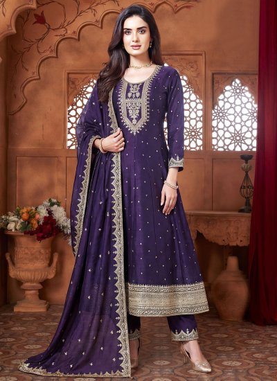 Silk Embroidered Readymade Salwar Kameez in Purple Colour