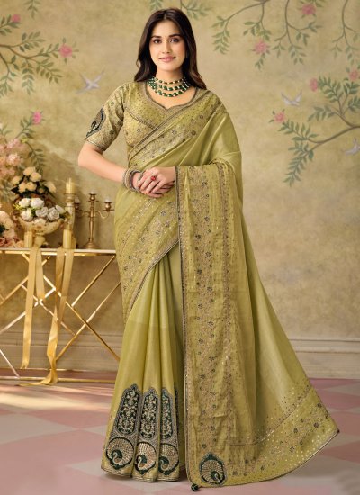 Silk Embroidered Saree in Green Colour
