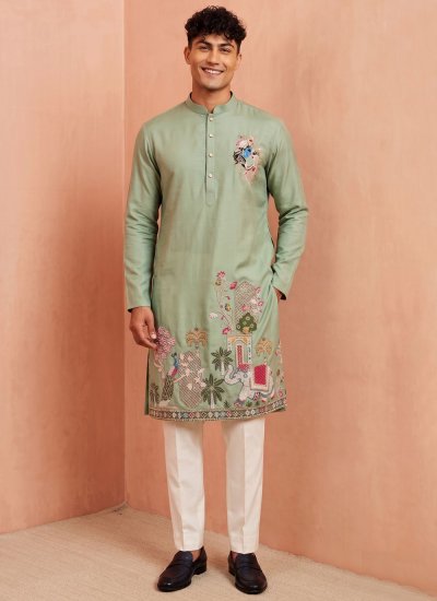 Silk Embroidered Sea Green Kurta Pyjama