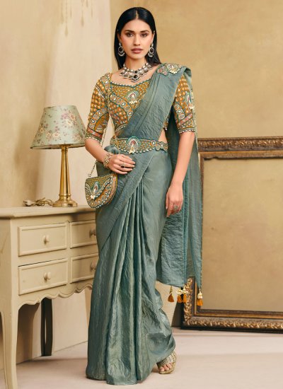 Silk Embroidered Trendy Saree in Sea Green Colour