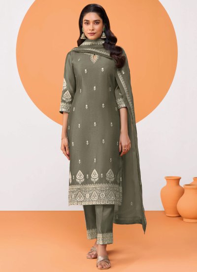 Silk Green Embroidered Pant Style Suit