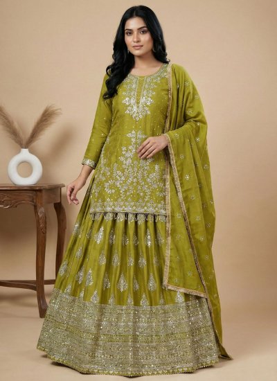 Silk Green Embroidered Trendy Lehenga Choli