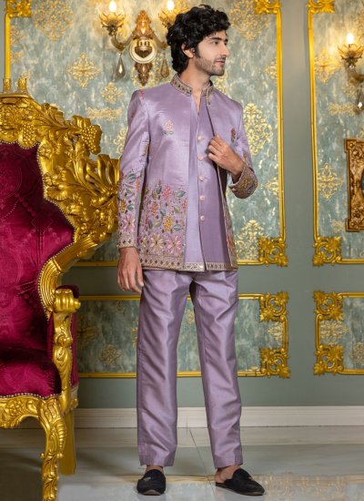 Silk Jodhpuri Suit in Lavender Colour
