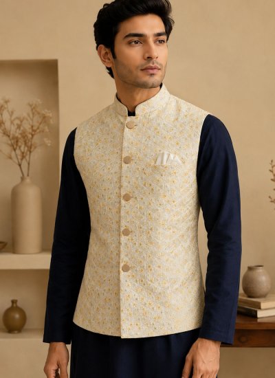 
                            Silk Kurta Payjama With Jacket in Cream and Navy Blue Colour