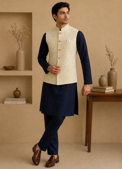 Silk Kurta Payjama With Jacket in Cream and Navy Blue Colour
