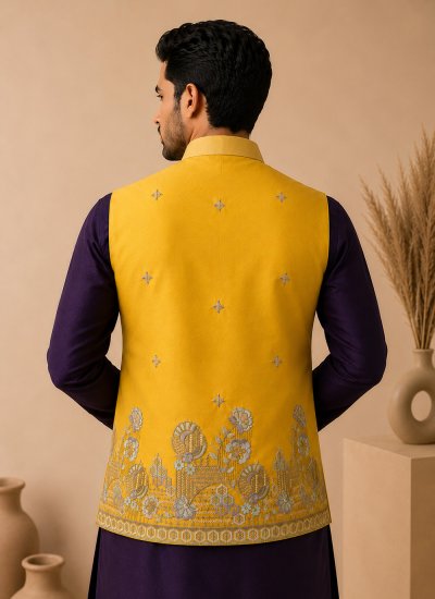 
                            Silk Kurta Payjama With Jacket in Wine and Yellow Colour