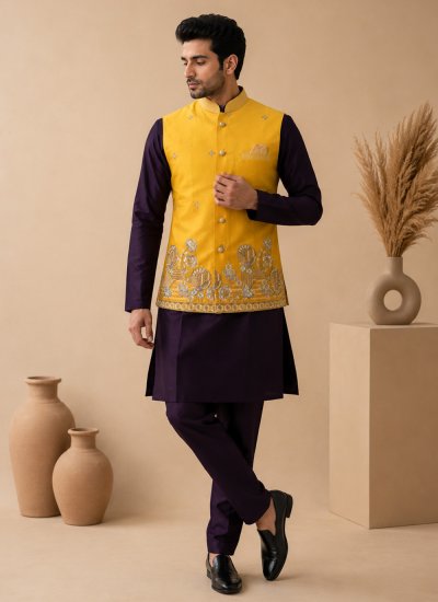 Silk Kurta Payjama With Jacket in Wine and Yellow Colour