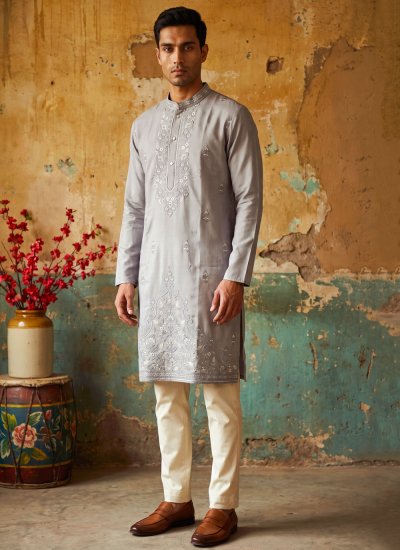Silk Kurta Pyjama in Grey Colour