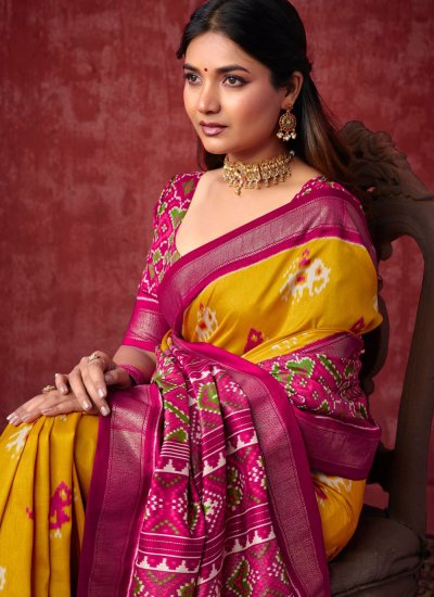 
                            Silk Mustard Patola Print Classic Saree