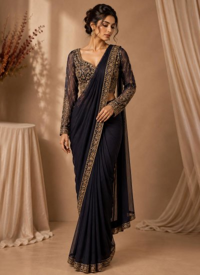 Silk Navy Blue Contemporary Saree
