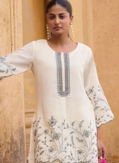 
                            Silk Off White Embroidered Designer Kurti