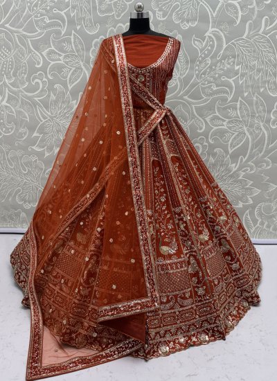 Silk Orange Thread Work Lehenga Choli