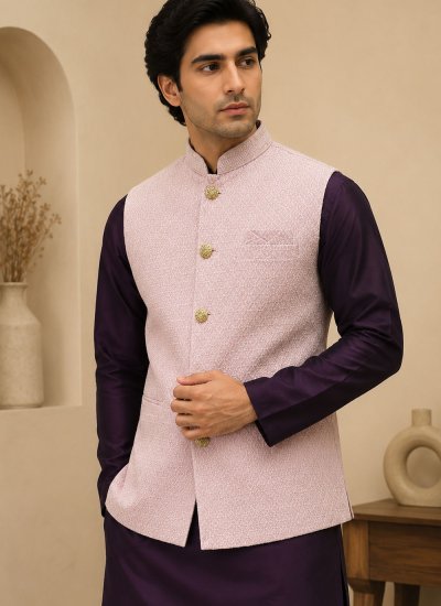 
                            Silk Pink and Wine Thread Work Kurta Payjama With Jacket