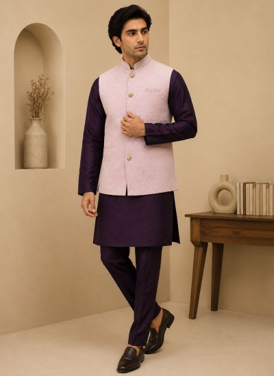 Silk Pink and Wine Thread Work Kurta Payjama With Jacket