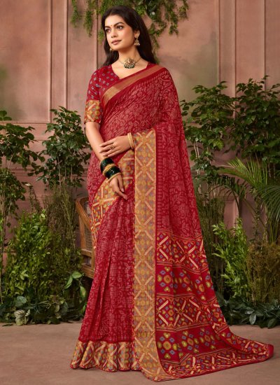 Silk Printed Maroon Classic Saree
