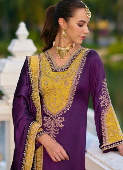 
                            Silk Purple Embroidered Pant Style Suit