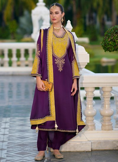 Silk Purple Embroidered Pant Style Suit
