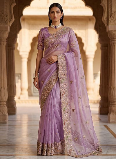 Silk Thread Work Classic Saree in Lavender Colour