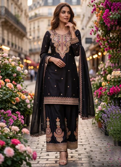 Simplistic Chinon Black Embroidered Salwar Kameez