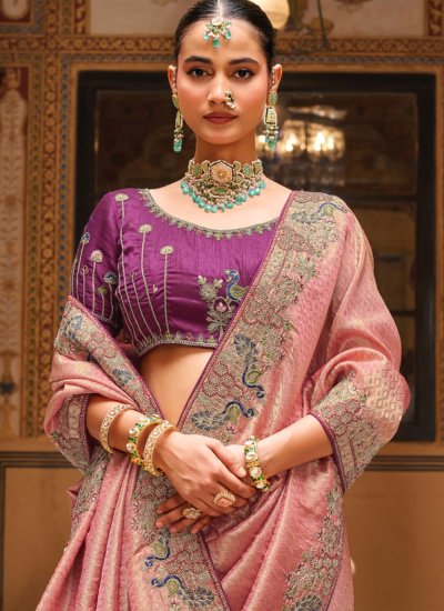 
                            Snazzy Tissue Pink Embroidered Contemporary Saree