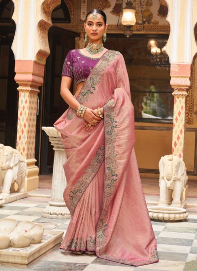 Snazzy Tissue Pink Embroidered Contemporary Saree