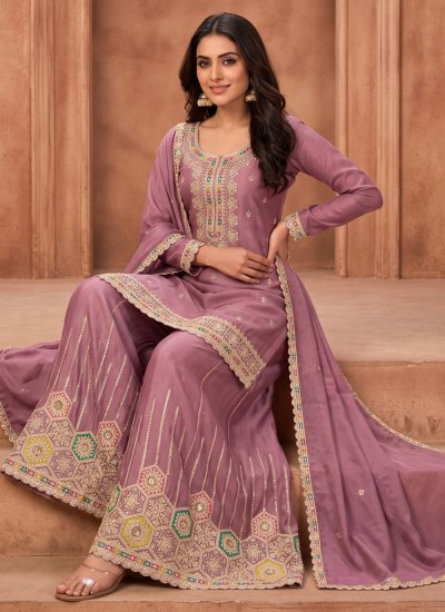 
                            Sorcerous Chinon Embroidered Pink Palazzo Salwar Kameez