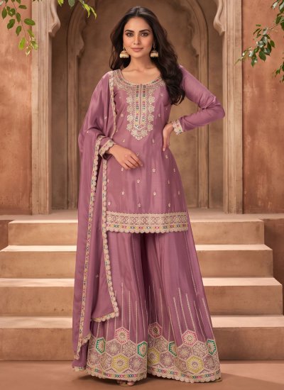 Sorcerous Chinon Embroidered Pink Palazzo Salwar Kameez