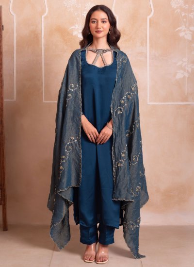 Specialised Blue Satin Readymade Salwar Kameez
