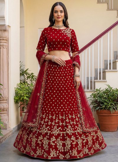 Spectacular Red Sequins Velvet Trendy Lehenga Choli