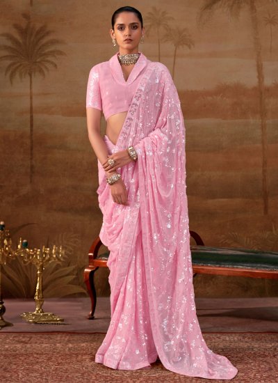 Spellbinding Georgette Sequins Pink Contemporary Saree