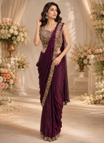 Splendid Beads Wine Satin Contemporary Saree