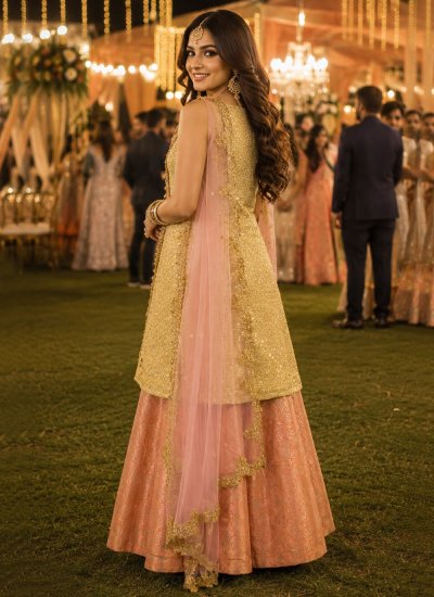 
                            Splendid Embroidered Gold and Peach Imported Readymade Lehenga Choli